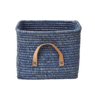 Rice - Small Square Raffia Basket with Leather Handles - Blue