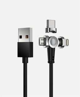 Multi 3-in-1 Magnetisches rotierend USB-Ladekabel mit LED - Für Handy. Schwarz